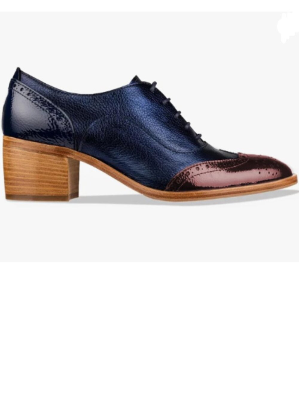 FOWT Blue Brown Perforated Lace-Up Oxfords Almond Toe Mid Chunky Heel Shoes